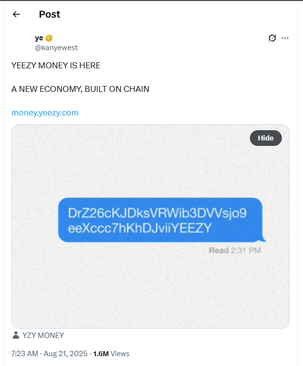 Kanye West Yy Memecoin hits USD 3 billion, but falls in insider after concerns

