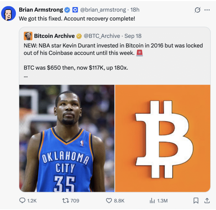 Kevin Durant recovers lost Bitcoin after nearly 10 years on Coinbase
