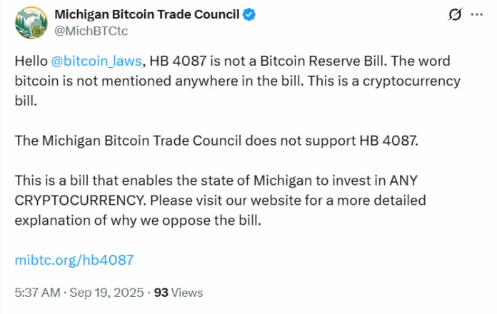 Michigan Crypto Reserve Bill is moving into the second reading

