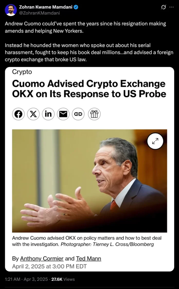 Andrew Cuomo promises crypto reforms if elected mayor of New Zohram Mamdani on Cuomo.