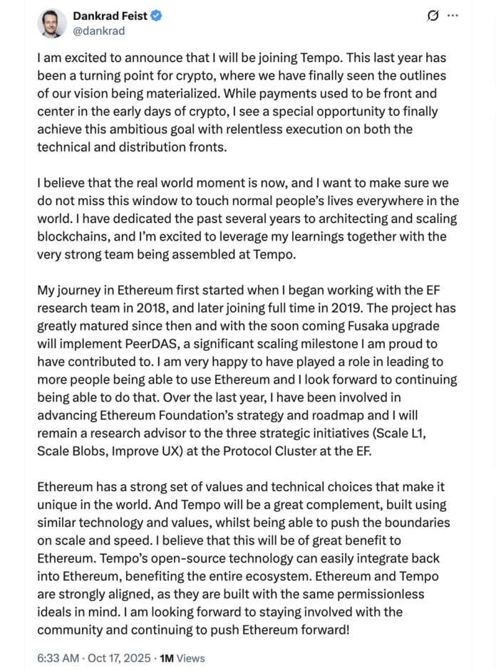 Longtime Ethereum researcher and developer Dankrad Feist joins Tempo Stripe, payments, foundation, stablecoin, Ethereum 2.0