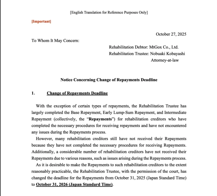 Mt. Gox extends creditor repayment deadline to 2026 Screenshot showing Mt. Gox's announcement about extending the repayment period.