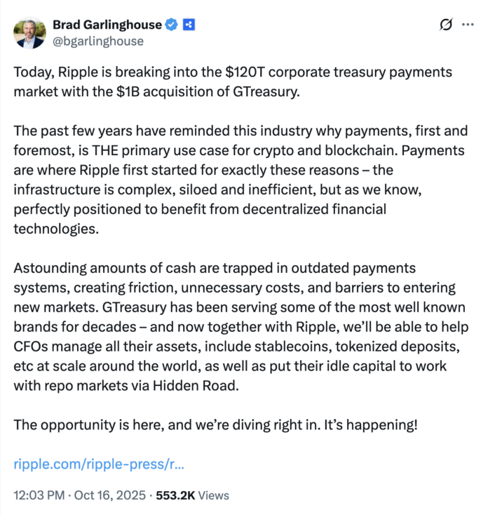 Ripple continues its expansion in 2025 by purchasing GTreasury for $1 billion

