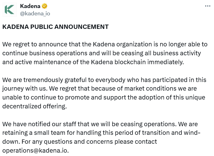 The team behind Layer 1 Cadena is discontinuing support The team behind Layer 1 Cadena is discontinuing support