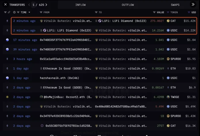 Vitalik Buterin unloads a new bag of Memecoins for $14,000 Screenshot of Vitalik Buterin's CAT Memecoin dump and recent wallet movements.