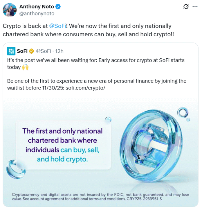SoFi Bank Introduces Crypto Trading for Customers