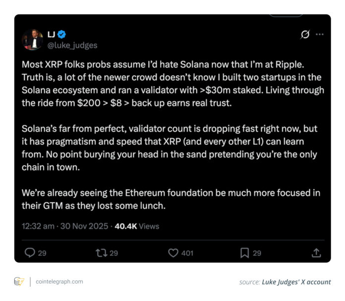 According to Ripple Exec, XRP needs a Solana-style playbook to compete

