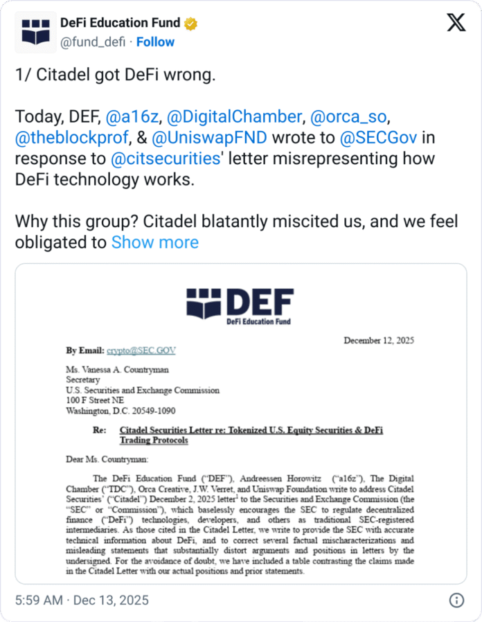 Crypto groups reject Citadel’s call for stricter DeFi rules

