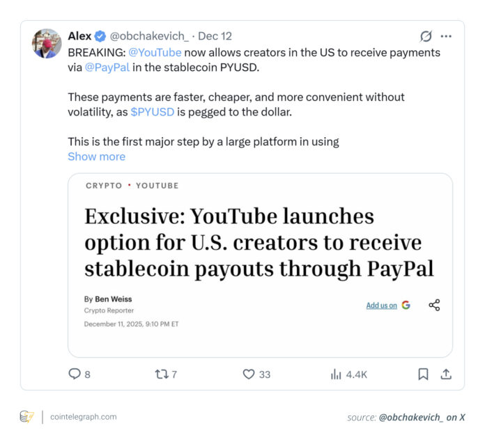 How YouTube's stablecoin payouts are changing the way creators get paid

