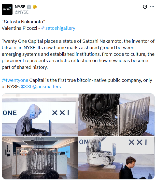 NYSE Welcomes Crypto with Installation of Satoshi Nakamoto Statue

