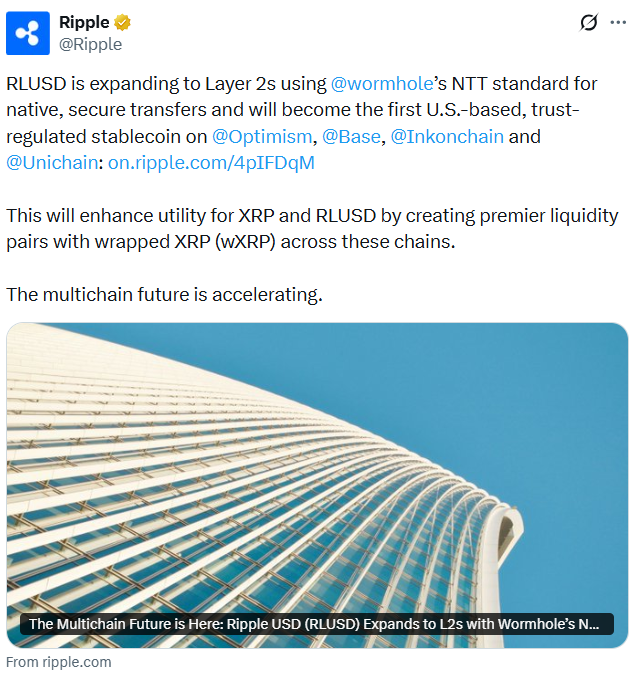 Ripple expands RLUSD to Ethereum Layer 2s with Wormhole


