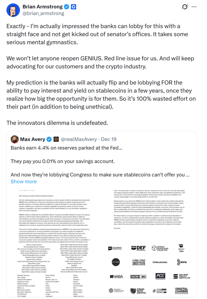 The reopening of the GENIUS Act is a “red line” for crypto

