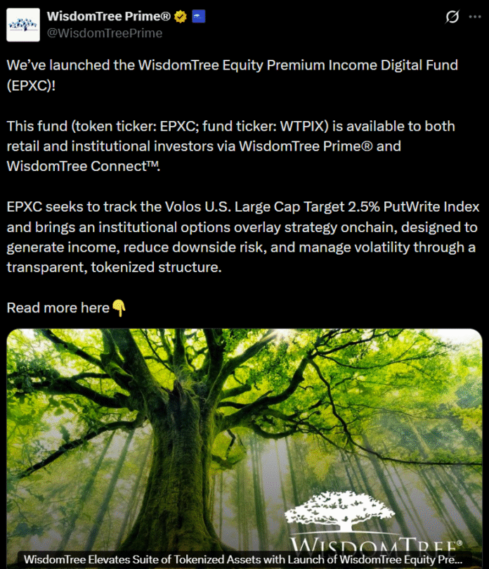 WisdomTree launches tokenized options-income fund EPXC Onchain

