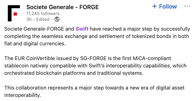 SWIFT is testing Societe Generale’s MiCA-compliant Euro stablecoin

