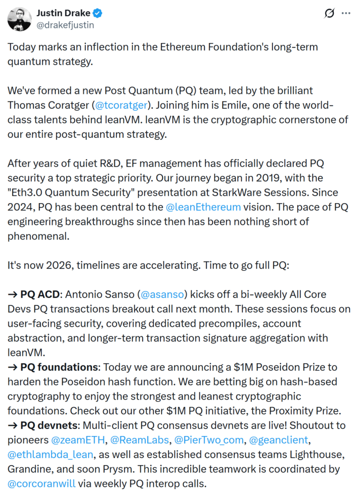 The Ethereum Foundation is forming a dedicated post-quantum security team

