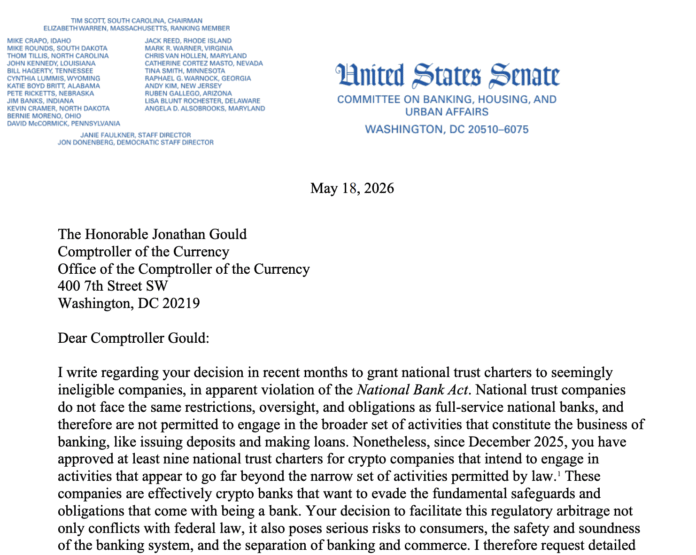 Senator Warren Questions OCC Head on Approving “Impermissible” Crypto Trust Charters

